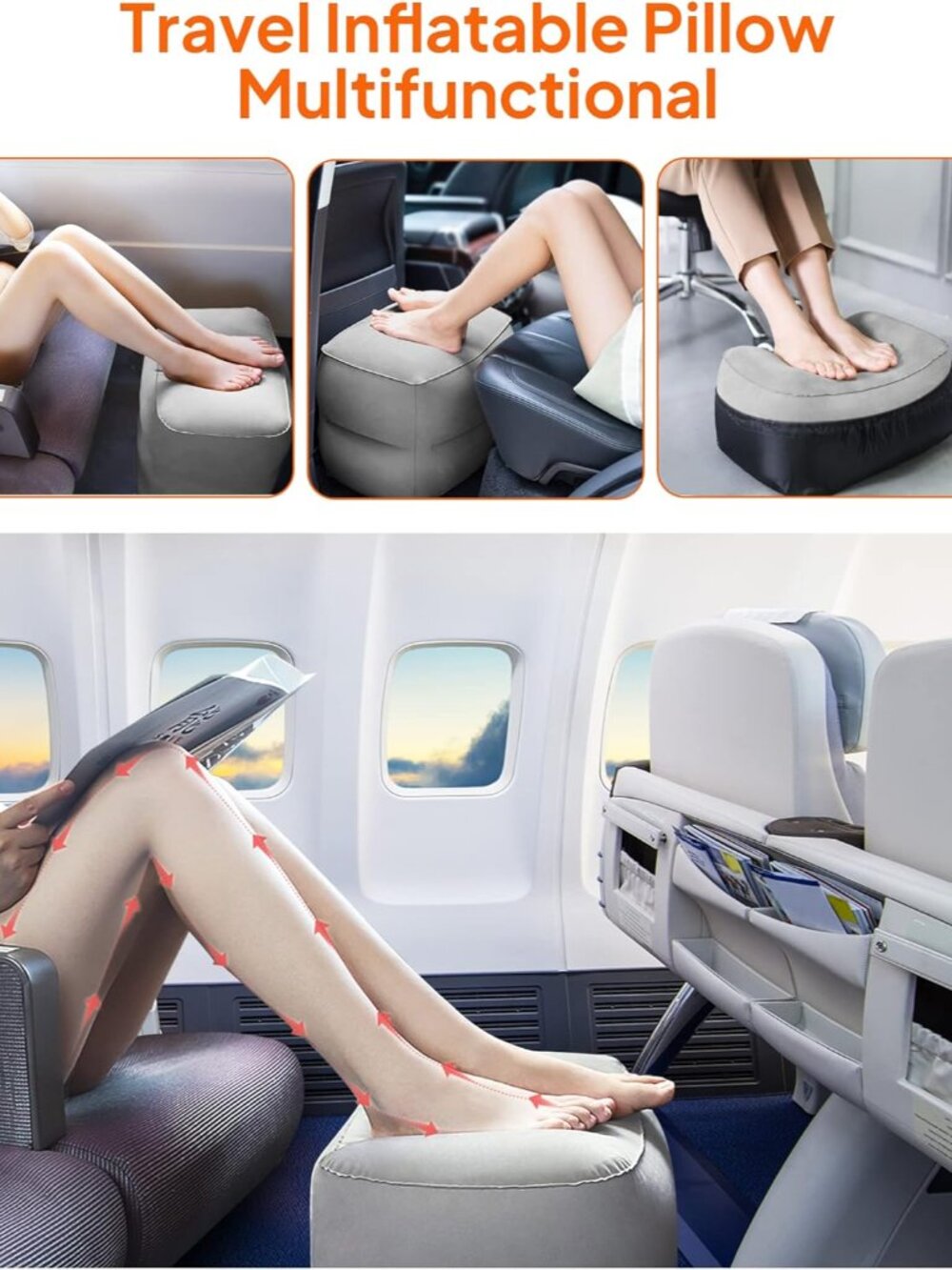 Inflatable Foot Rest Pillow for Travel, Kids/Adults Airplane Travel Pillow-Adjus - Picture 3 of 7